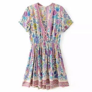 Colorful Bird Boho Floral Gypsy Print Dress bold